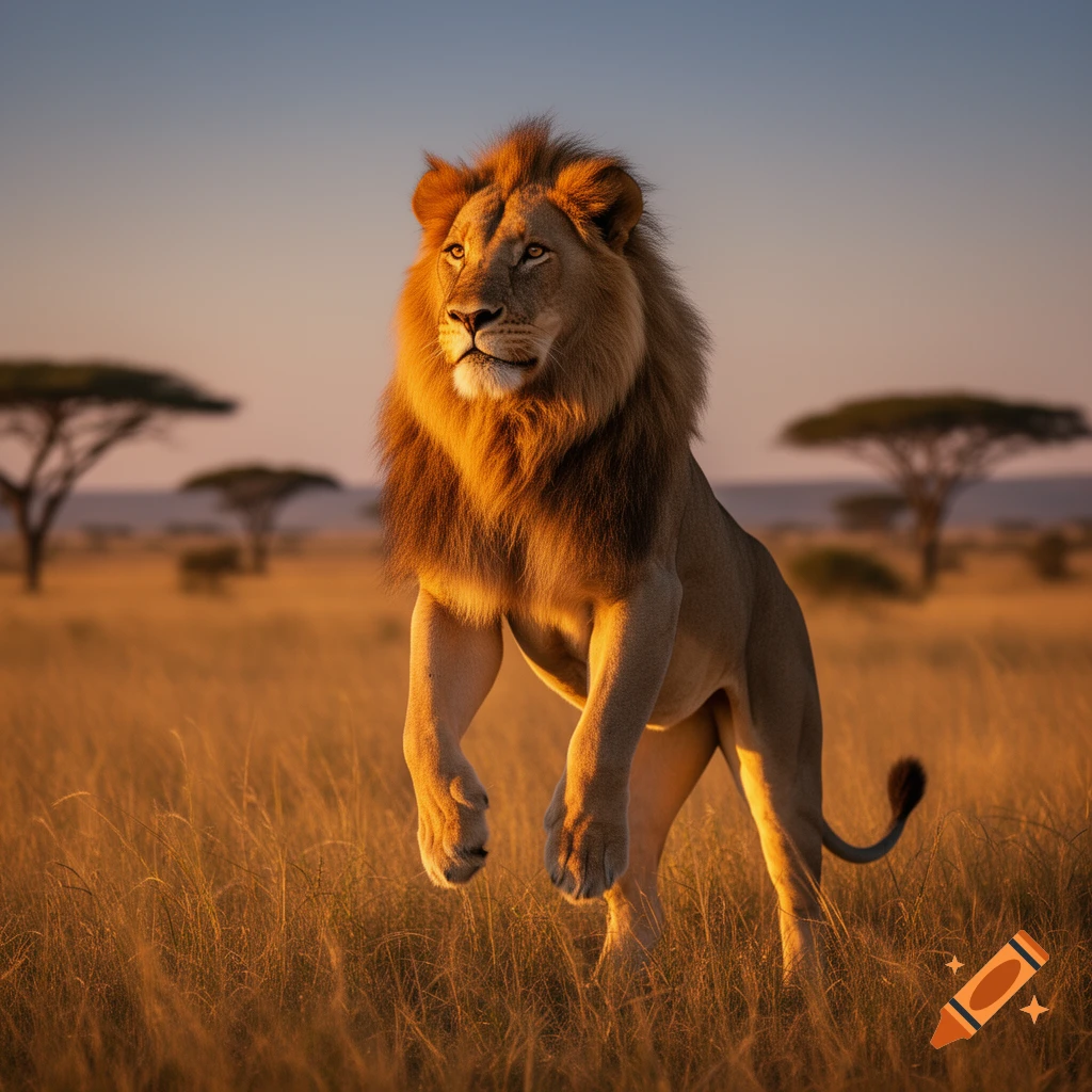 Photorealistic image of a muscular lion standing on its hind legs in a golden savanna at sunset.