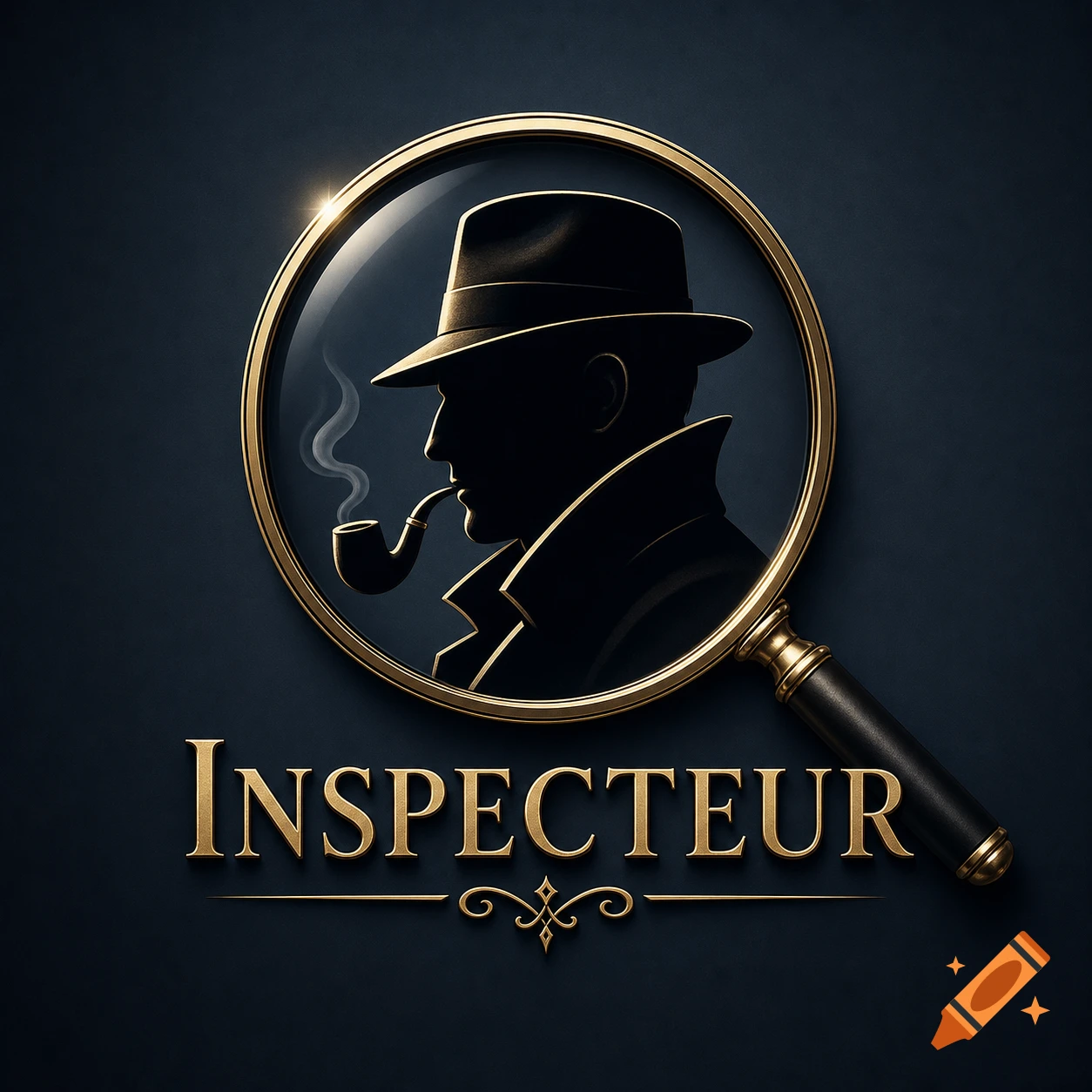 A black silhouette of a man in a hat smoking a pipe, viewed through a golden magnifying glass, above the golden word "INSPECTEUR" on a dark background.