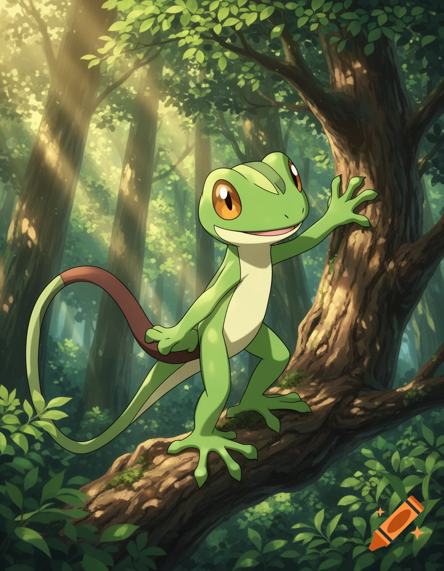 A green Treecko from Pokemon climbs a tree in a sunlit anime forest.