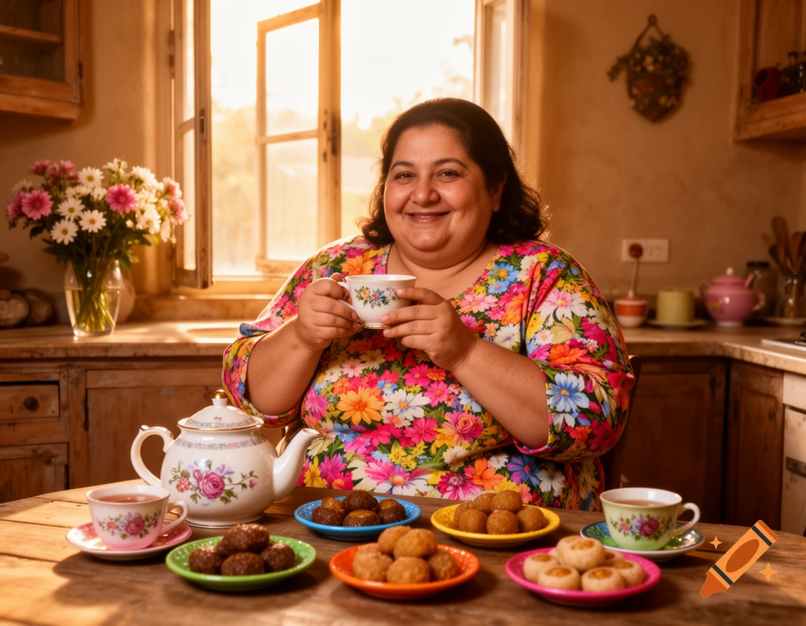 A smiling, plump woman in a floral shirt holds a teacup at a wooden table laden with tea and snacks in a sunlit kitchen.