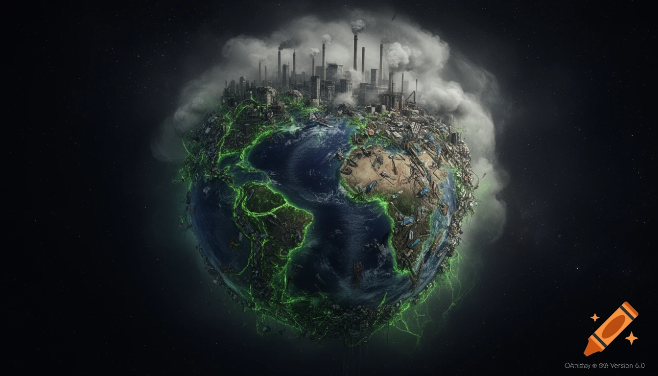 Polluted Earth from space, covered in factories, waste, and glowing green corruption, shrouded in smog.