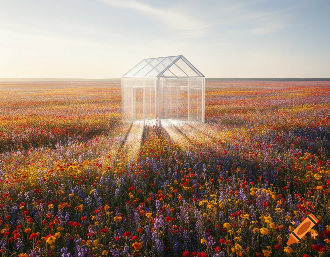 A clear, glass-like house stands in the middle of a vibrant, colorful field of wildflowers under a bright sky, with sun rays shining through.