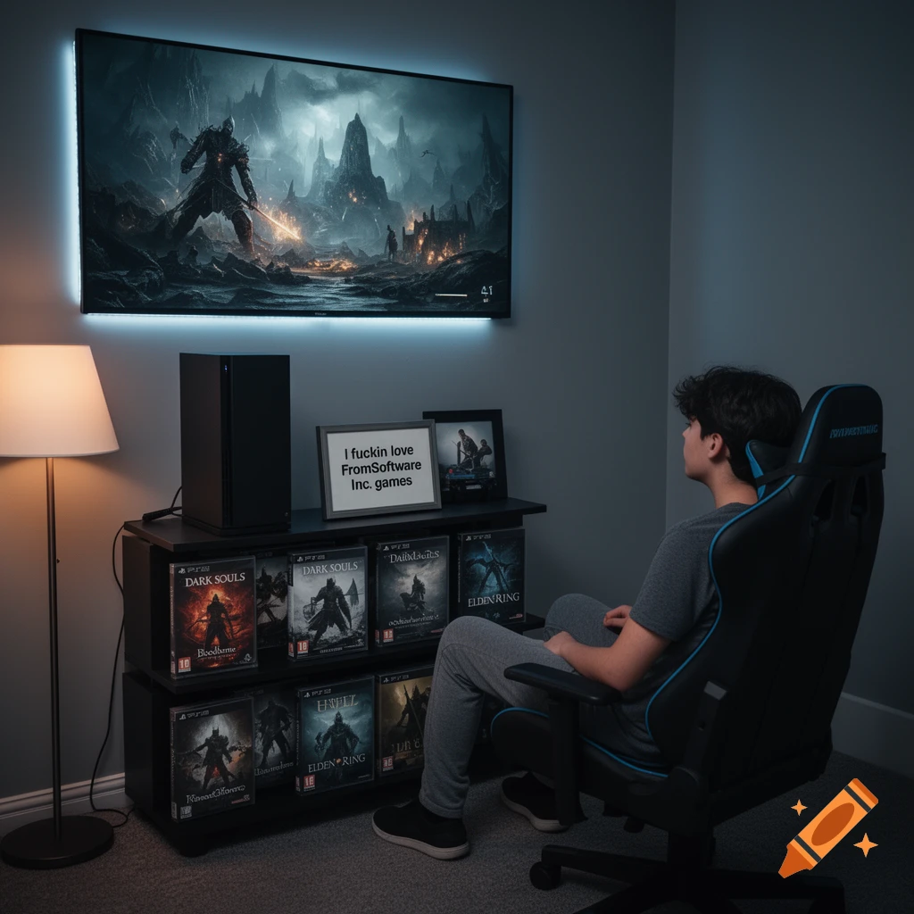 A person in a gaming chair watches a TV displaying a fantasy game. Below are game cases and a sign: 'I fuckin love FromSoftware Inc. games'.
