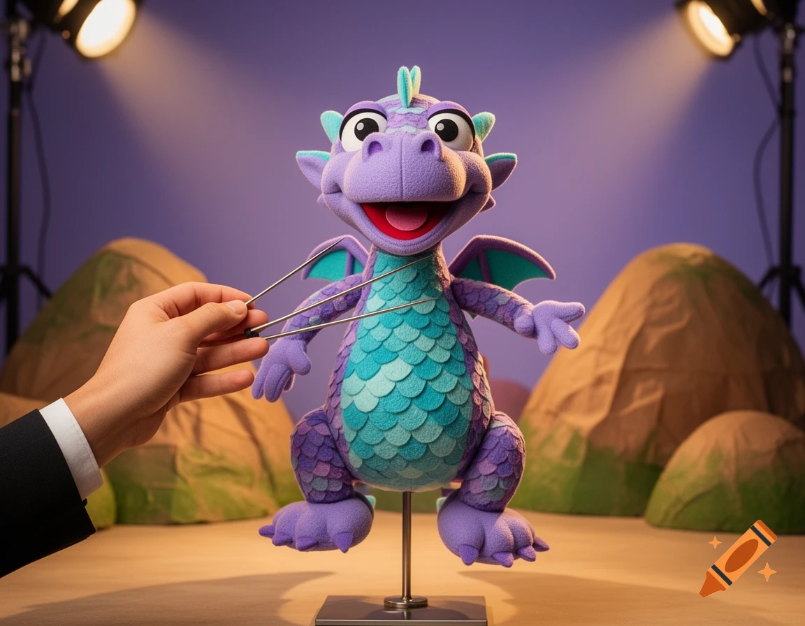 A purple and teal dragon puppet, held by a human hand using rods, stands on a stage with spotlights and fabric hills.