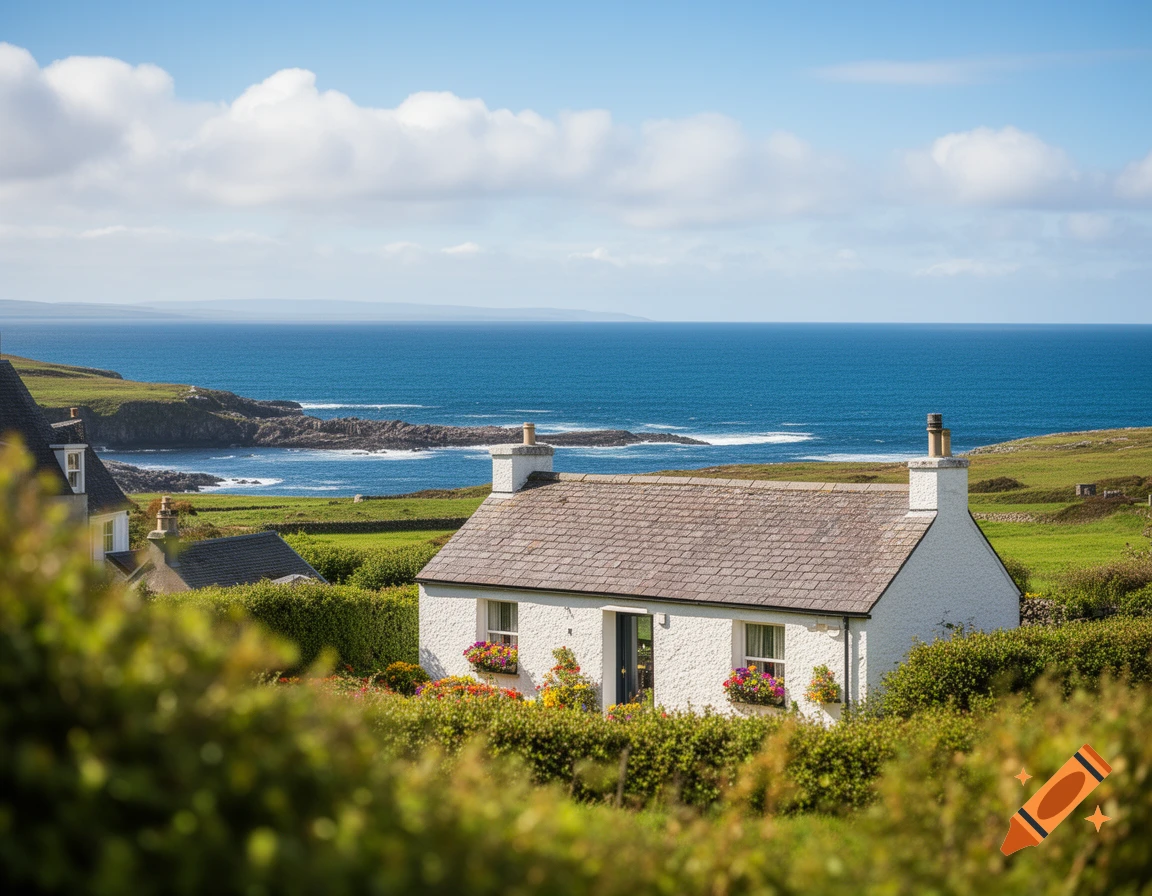 A picturesque white cottage with flower boxes sits on a vibrant green hillside, overlooking the vast blue ocean under a clear sky.