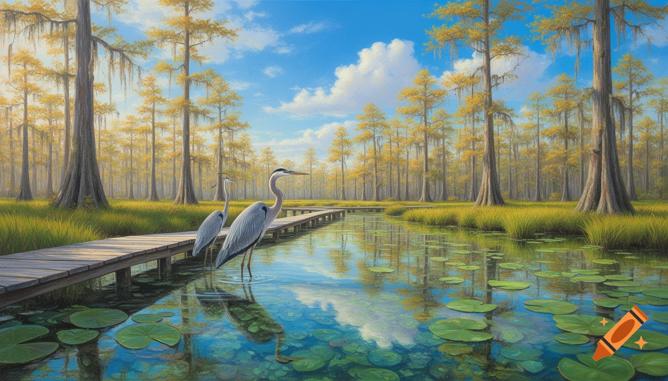 Oil painting of a sunny swamp with two great blue herons, a wooden boardwalk, lily pads, and cypress trees.