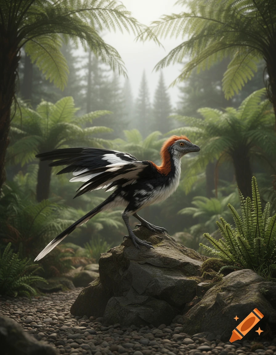 A photorealistic Anchiornis, a feathered dinosaur, stands on a mossy rock in a misty prehistoric jungle full of ferns.