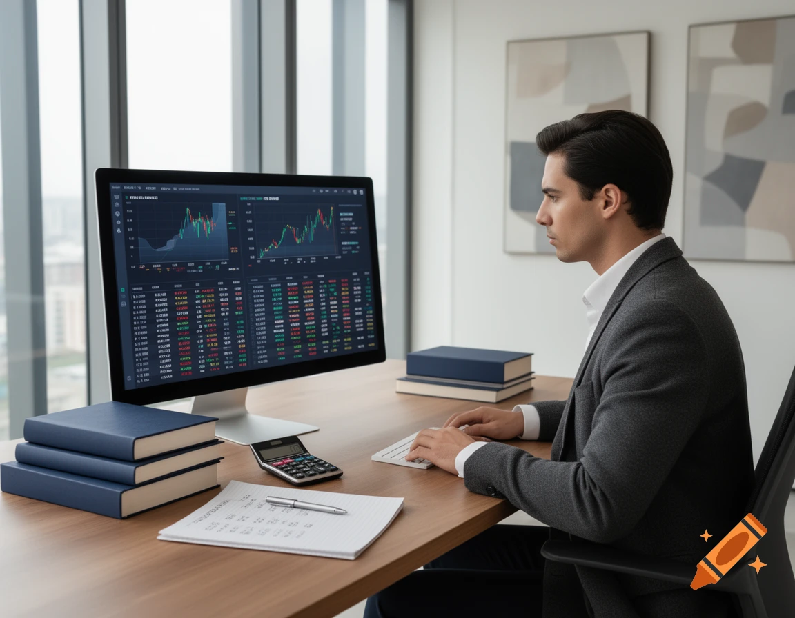 A man in a suit jacket works at a computer displaying stock charts, with books, a calculator, and notes on the desk in a modern office.