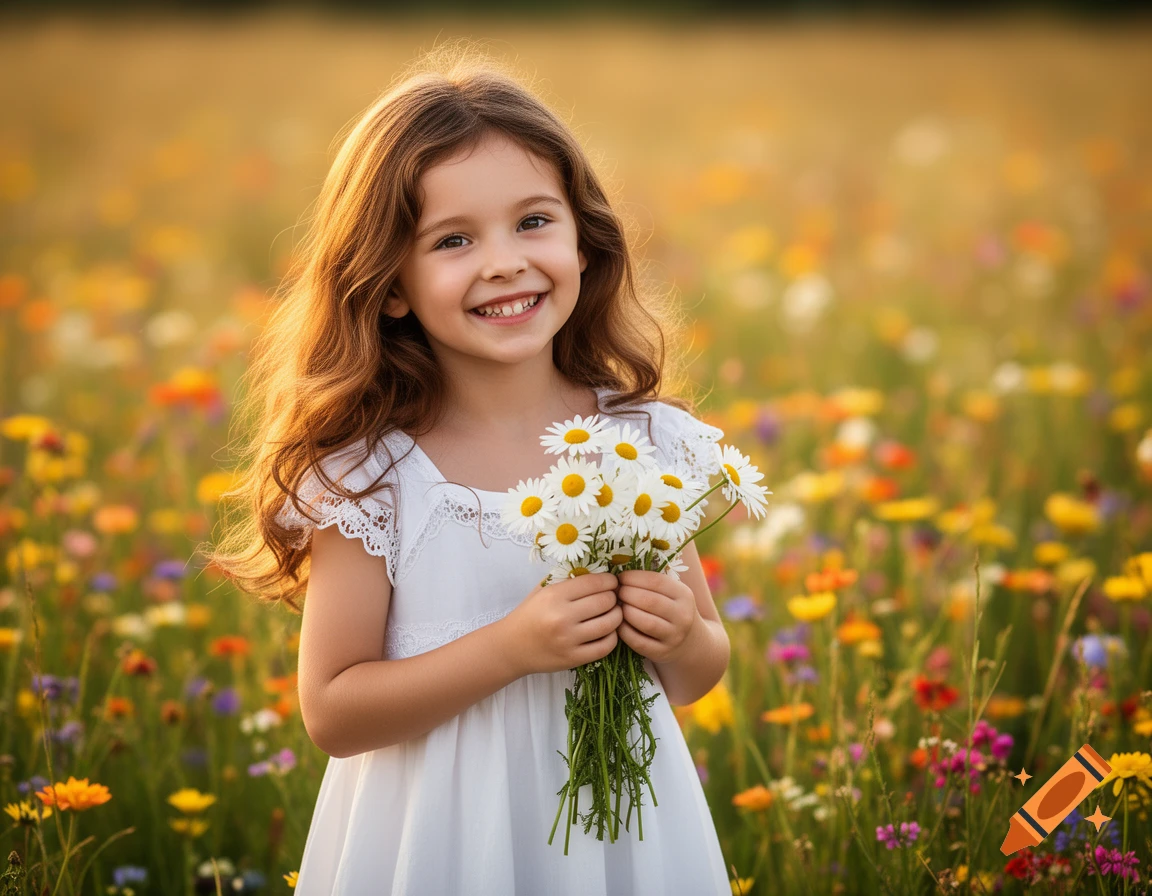 A smiling young girl with long brown hair holds a bouquet of daisies in a sunny wildflower field.