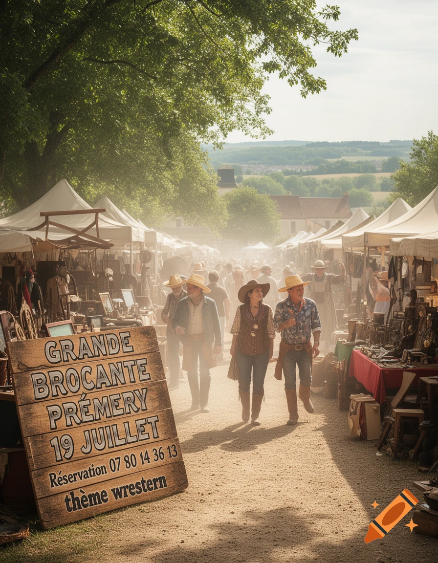 A bustling outdoor market scene with people in cowboy attire, tents, and a large wooden sign advertising an event.