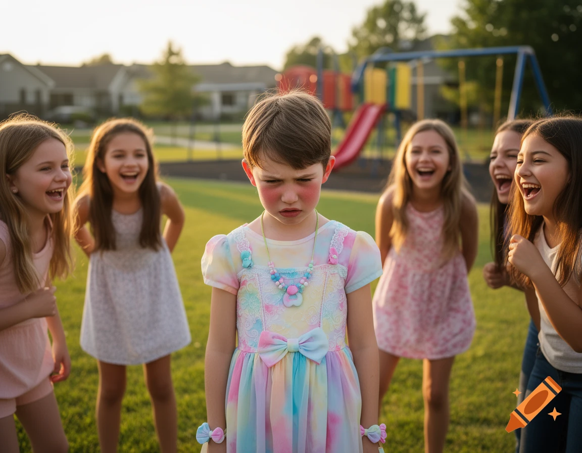 A sad child in a colorful dress stands while a group of girls laugh around them in a sunny park.