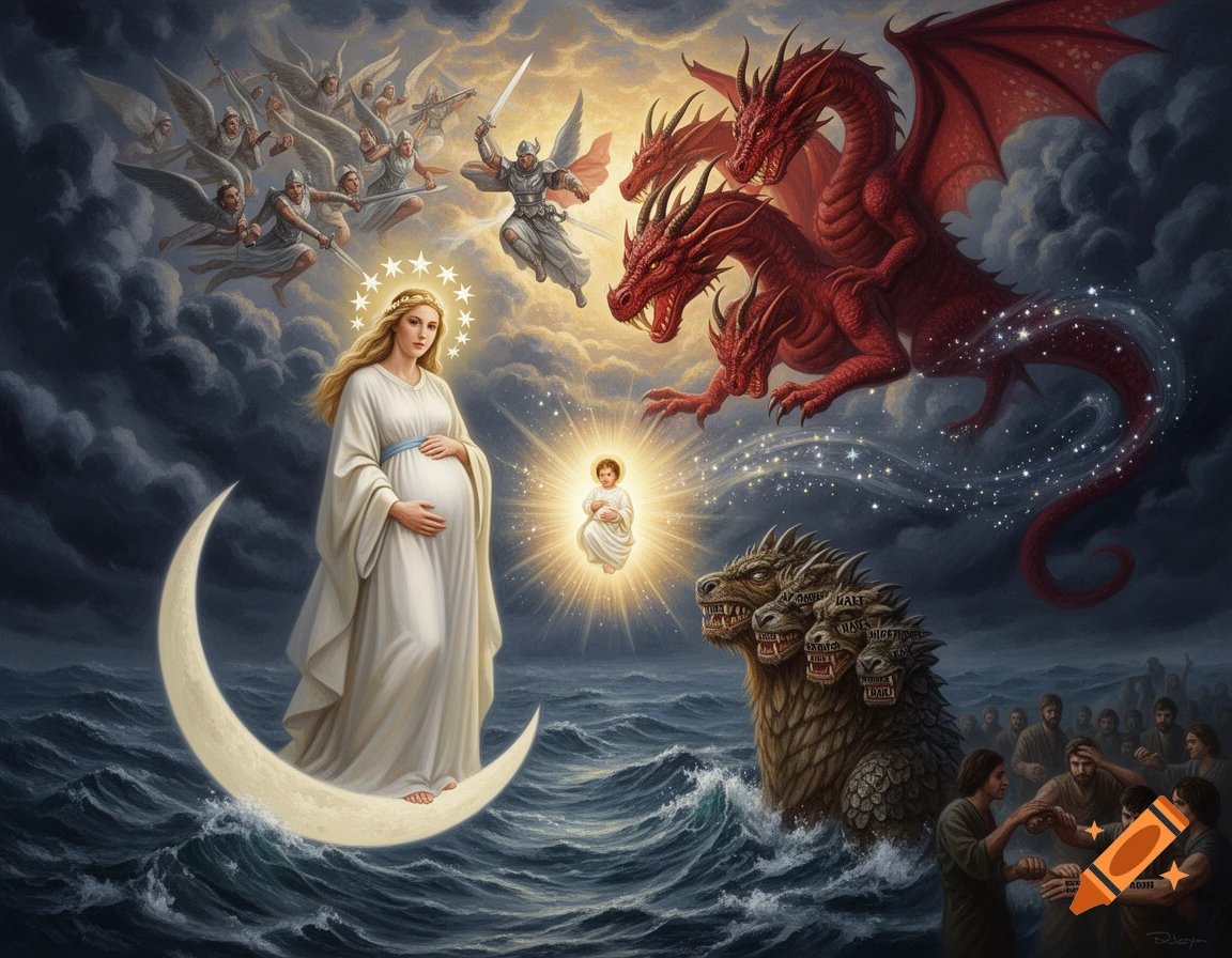 A dramatic religious painting depicting Revelation, with a pregnant woman on the moon, a radiant child, angels fighting a red dragon, and a multi-headed beast with marked people in a stormy sea.