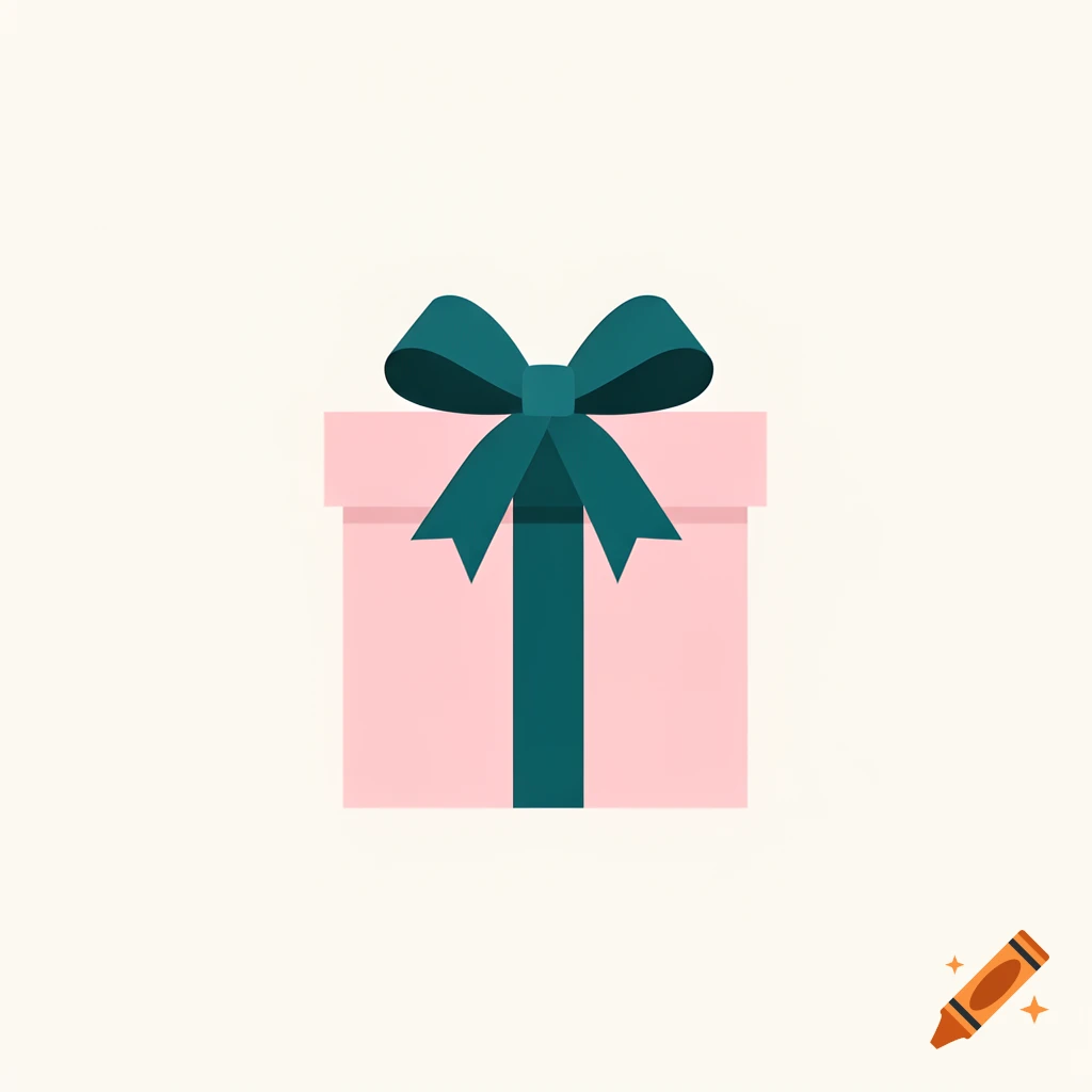 A simple flat illustration of a pink gift box tied with a dark teal ribbon and bow.
