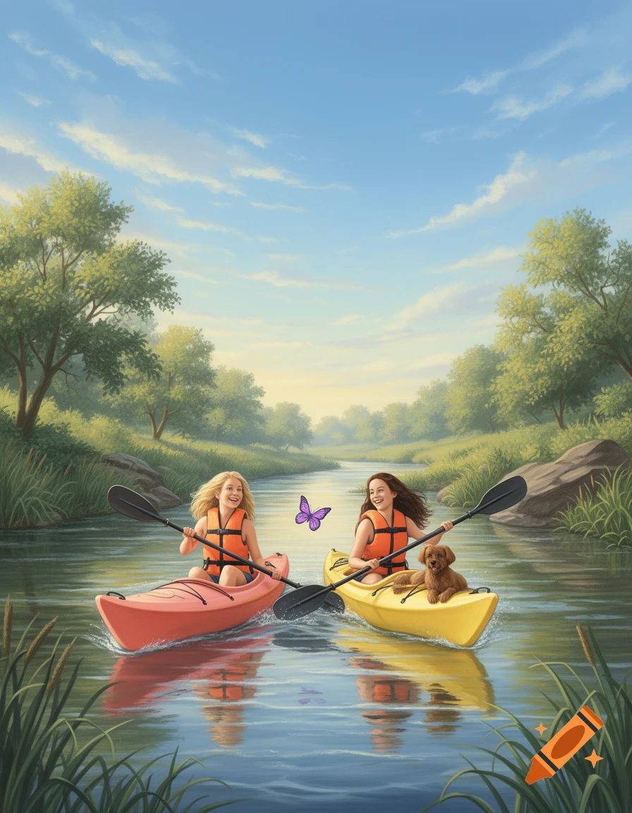 Two women in kayaks, one with a dog, paddle down a tranquil river lined with trees under a blue sky, painterly style.