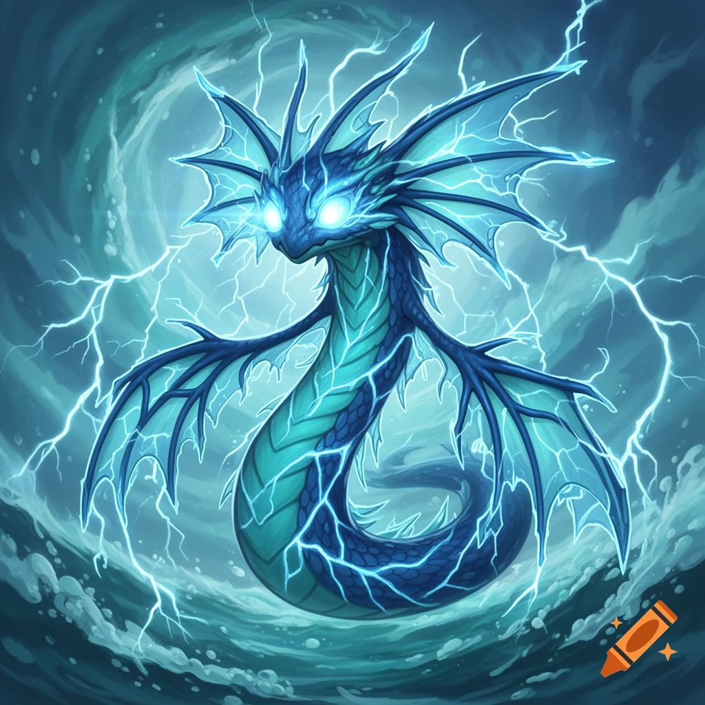 A vibrant blue and teal water-electricity monster with glowing eyes and fin-like wings, surrounded by lightning in stormy water. Fantasy art style.