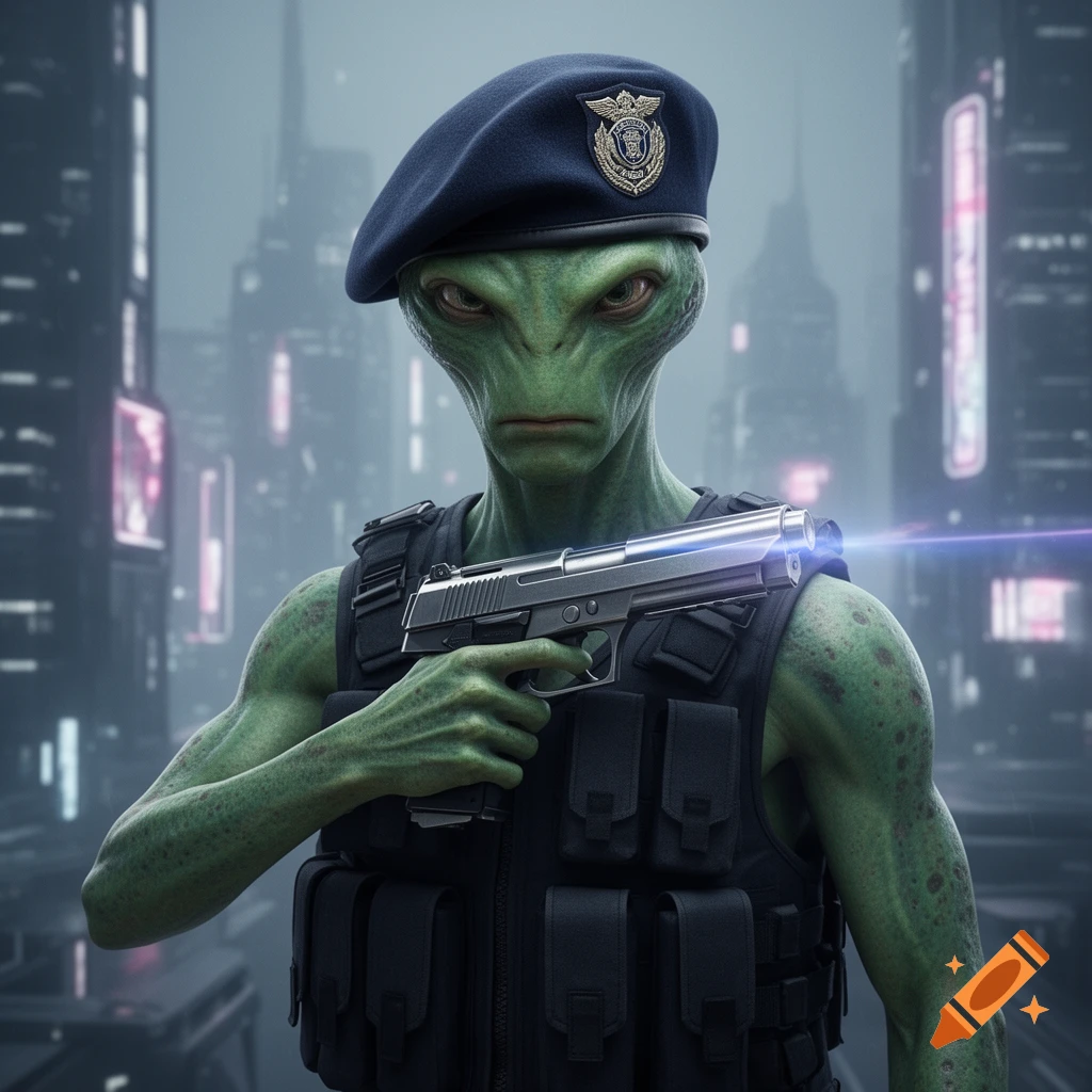A green alien in a tactical vest and beret holding a gun, standing in a futuristic city.