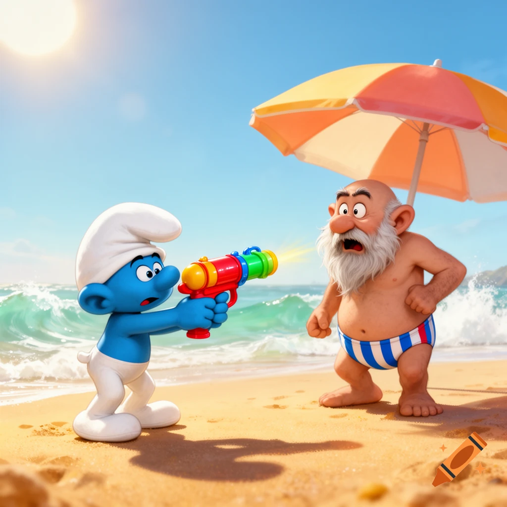 A Smurf squirts water from a colorful toy gun at a surprised bald man with a white beard in a striped speedo on a sunny beach.