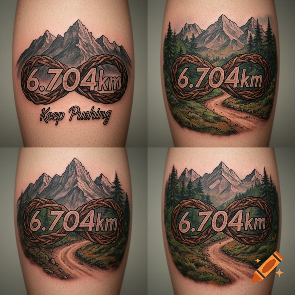 Four tattoo designs on a leg, each featuring a mountain landscape, pine trees, an infinity symbol made of rope, and the text "6.704km". One design also includes "Keep Pushing" text.