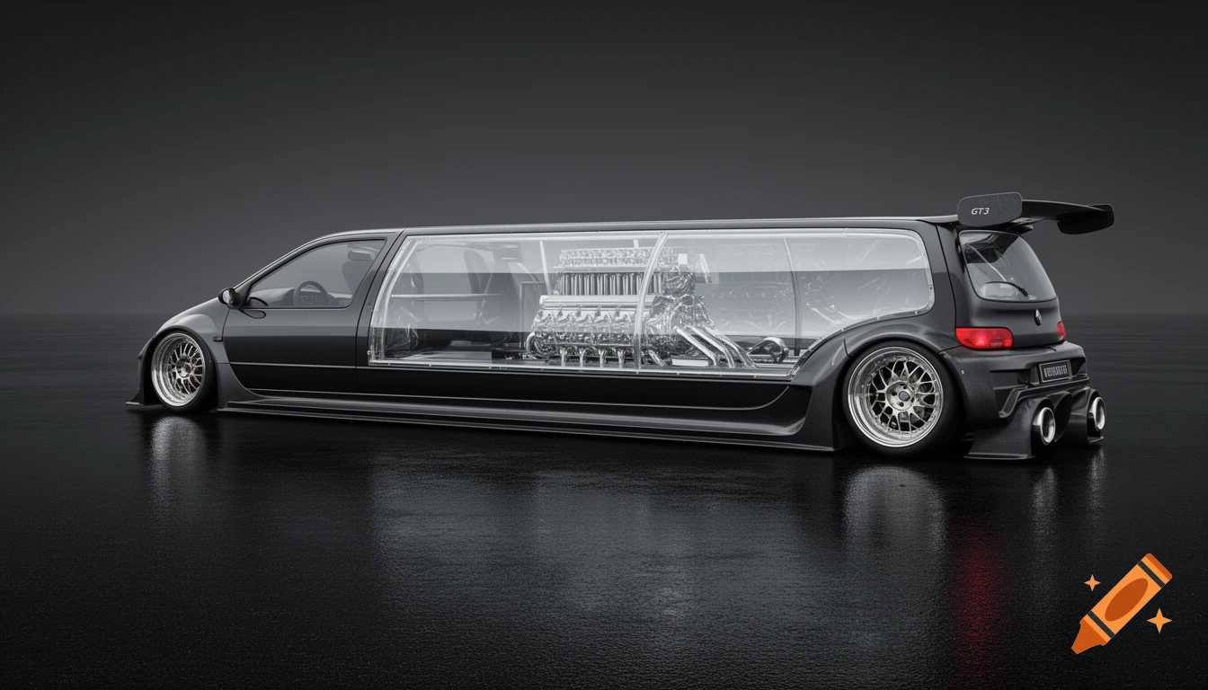 Hyper-realistic 3D rendering of a heavily modified, ultra-long black Renault Twingo limousine with a transparent middle section revealing a V16 engine, GT3 wing, and widebody kit, parked on a wet dark surface.