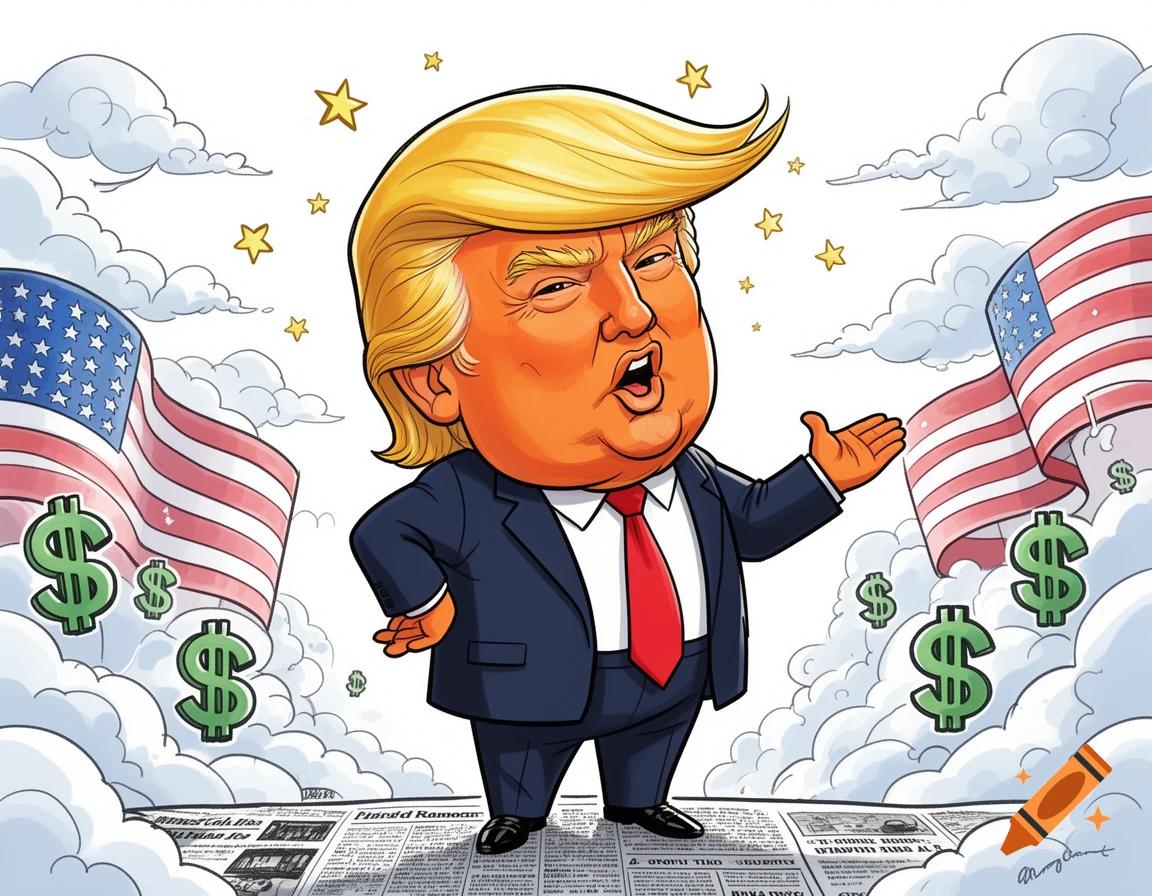 A cartoon caricature of Donald Trump, with dollar signs, American flags, and newspaper text in the background.
