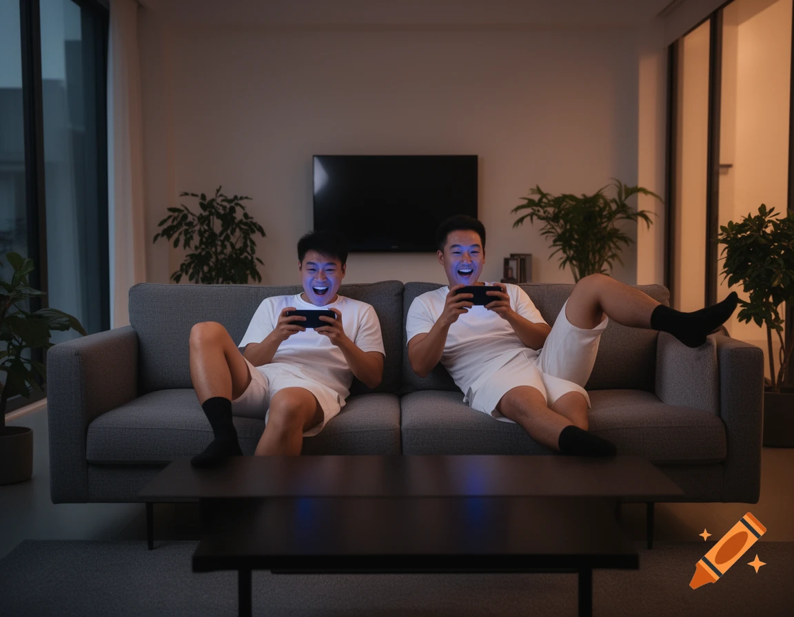 Two Asian men sitting on a couch in a dimly lit living room, smiling and illuminated by blue light from their phones as they play mobile games.