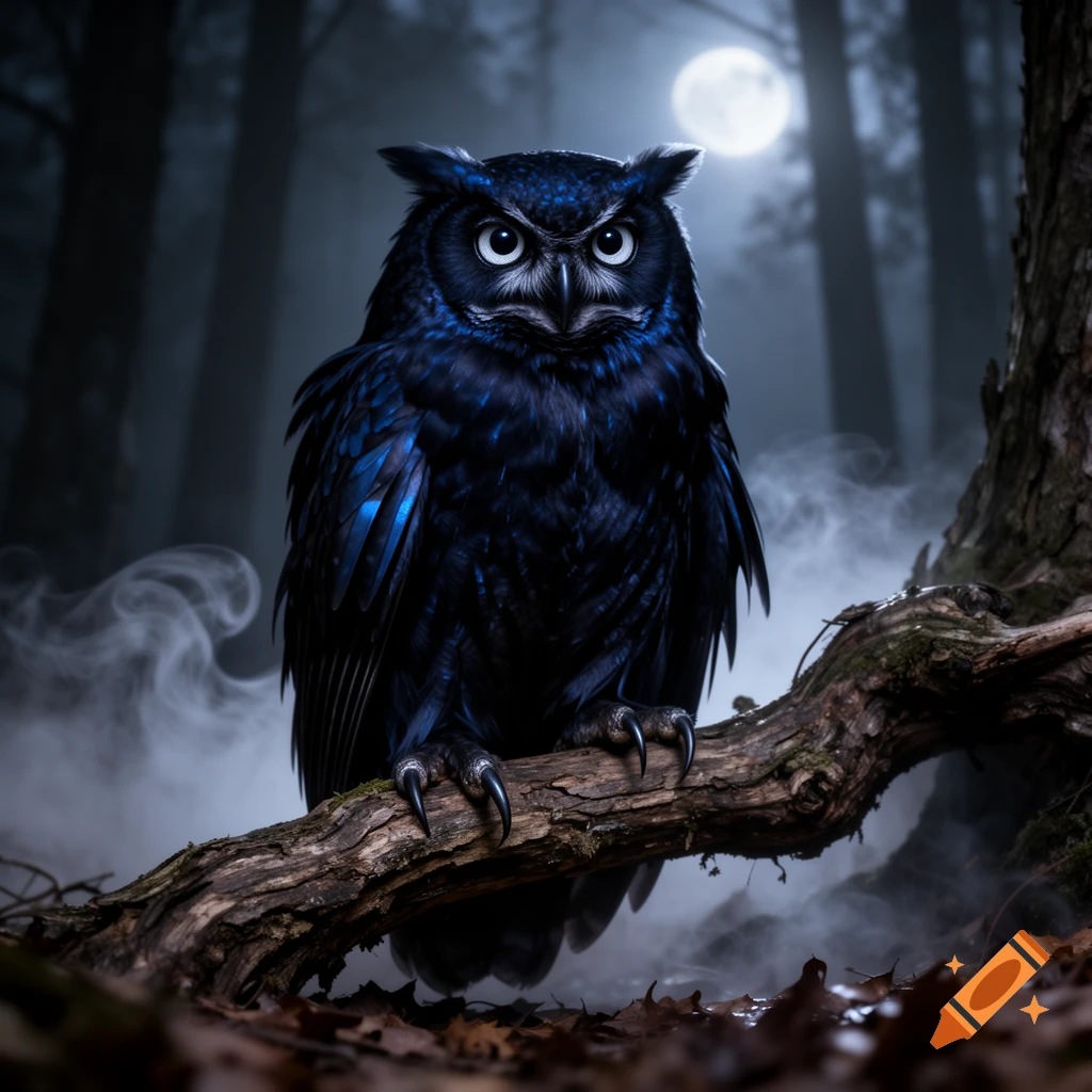 A dark blue owl with large white eyes perched on a gnarled branch in a misty, moonlit forest, looking stern.