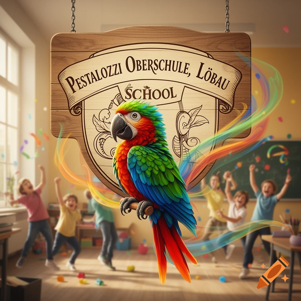 A colorful parrot perches under a school sign in a classroom, with blurred, cheering children in the background.