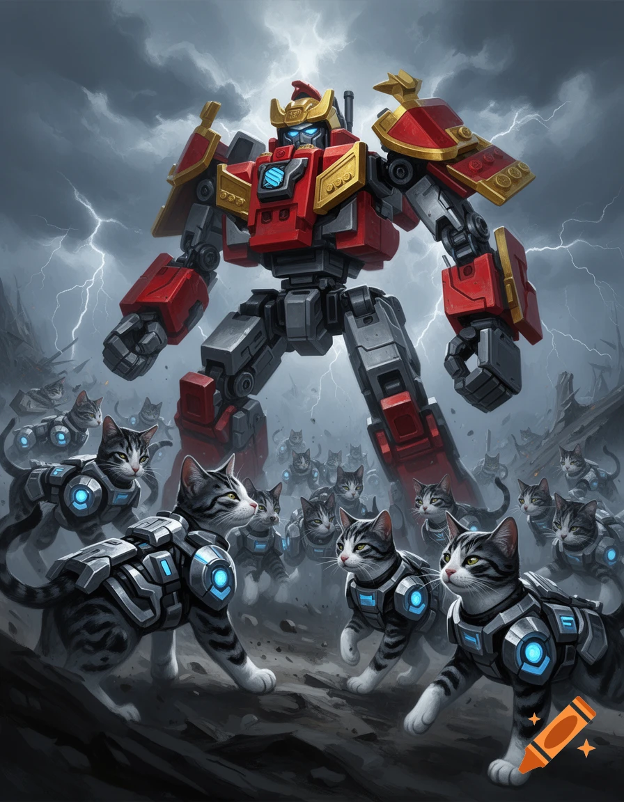 A giant red and grey samurai mech stands under a stormy sky with lightning, surrounded by an army of armored black and white cats with glowing blue accents.