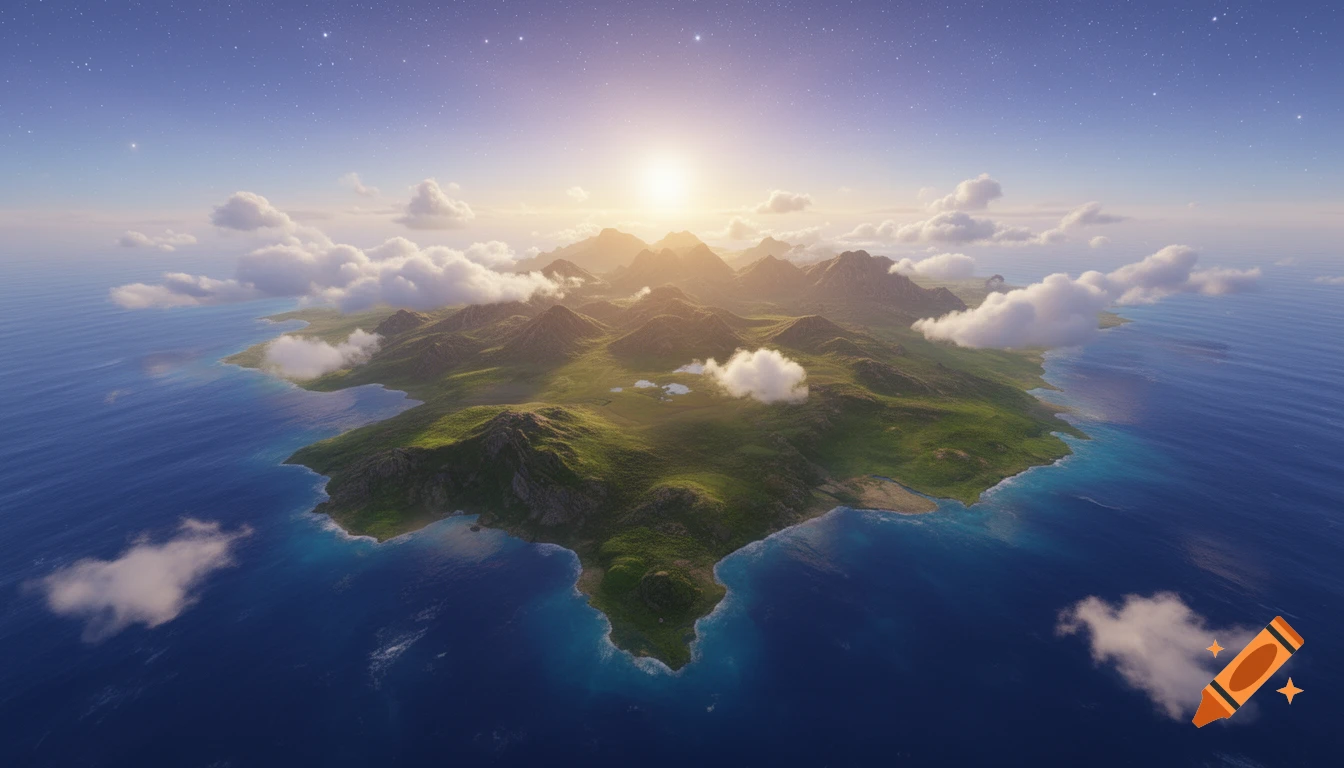 Aerial view of a lush green island with mountains and beaches, surrounded by a blue ocean, under a starry sky and bright sun.