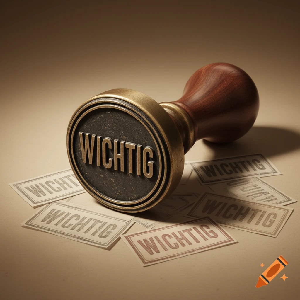 A brass and wood stamp reading 'WICHTIG' rests on papers on a brown surface.