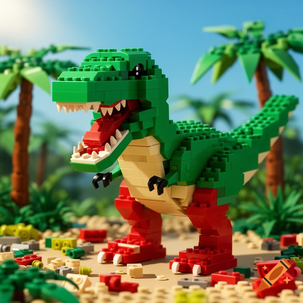A green, red, and tan Lego T-Rex with its mouth open, standing on sand with scattered bricks and palm trees in a jungle scene.