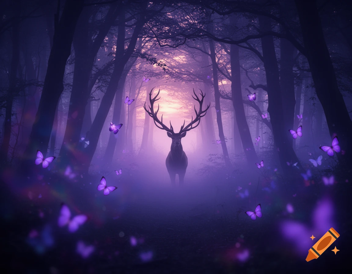 An ethereal purple forest at dusk with a stag silhouette and glowing butterflies.