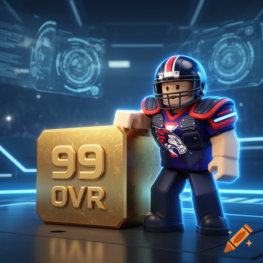 A Roblox character in blue and red American football gear leans on a golden box with "99 OVR" in a futuristic stadium.