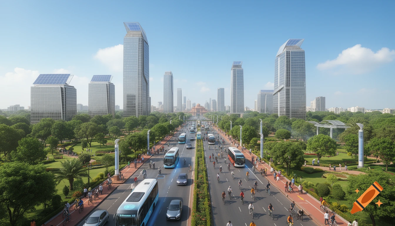 A photorealistic depiction of a futuristic city with tall buildings, lush green parks, electric buses, and many cyclists on dedicated bike lanes under a clear blue sky.