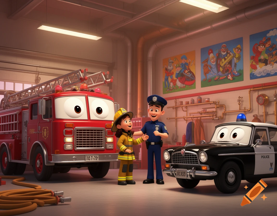 A female firefighter and male police officer stand between a cartoon red fire engine and black police car in a fire station, in 3D animation style.