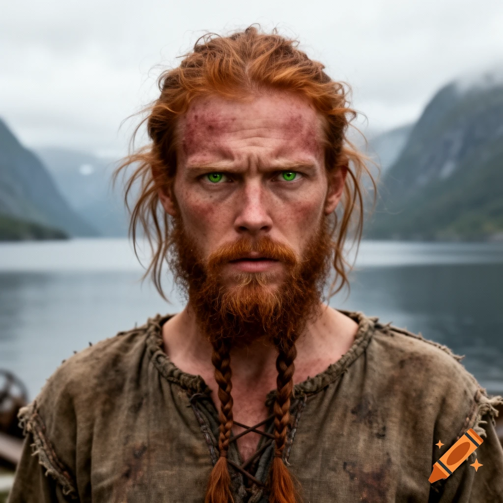 Photorealistic portrait of a stern, red-haired Viking man with braided beard and green eyes, against a fjord.