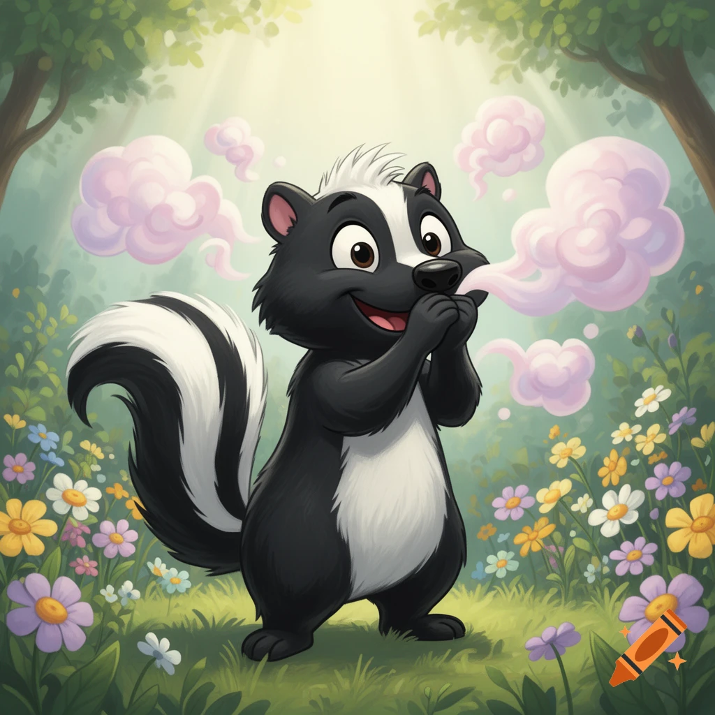 A happy cartoon skunk holds its nose, exhaling pink smoke in a vibrant flowery forest.