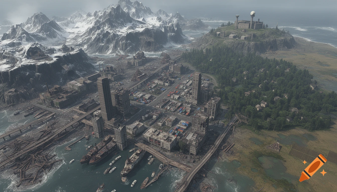 Aerial view of a post-apocalyptic coastal city in ruins, with a devastated port, sunken ships, snowy mountains, forests, and a military base.