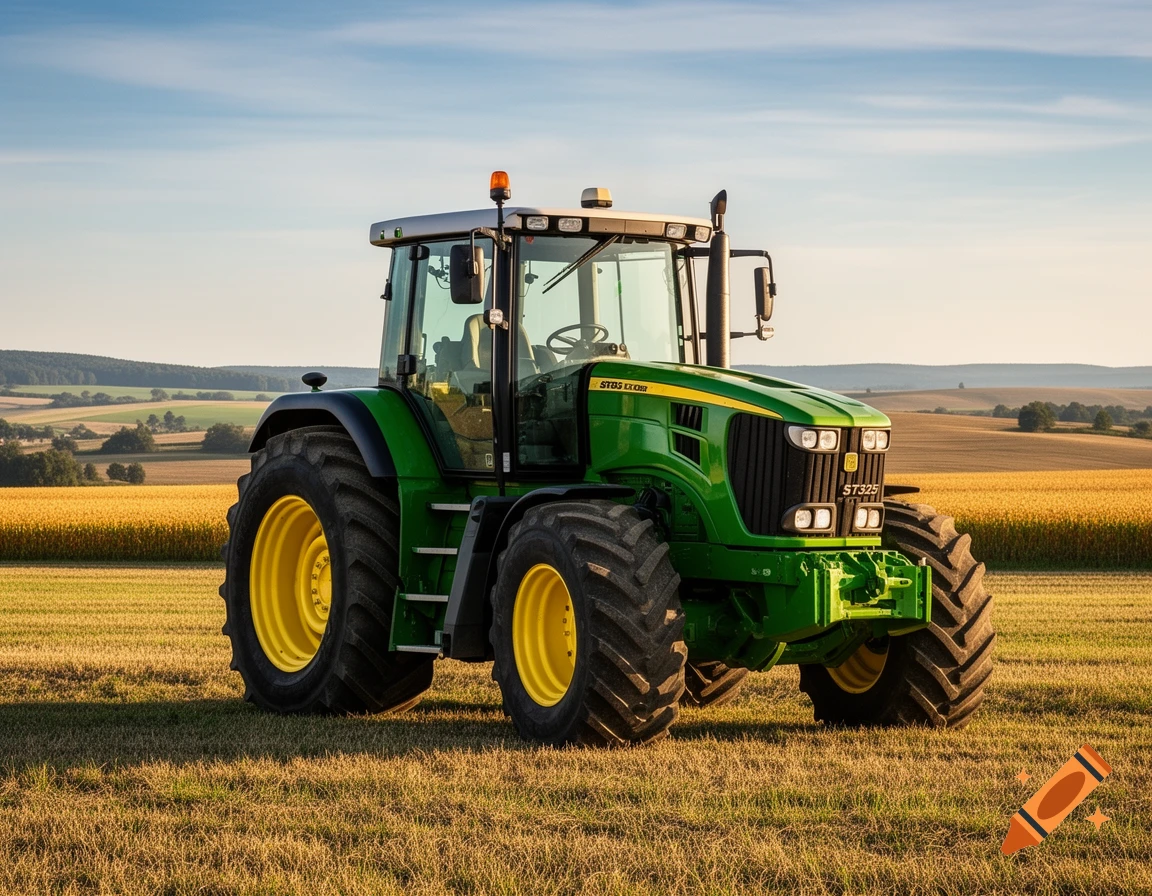 A green and yellow John Deere tractor stands in a golden field under a clear blue sky, with rolling hills in the background.