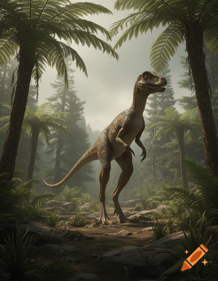 A realistic Coelophysis dinosaur stands amidst lush prehistoric fern trees and foliage in a foggy forest.