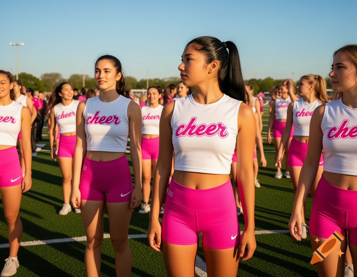 A group of high school cheerleaders in pink shorts and white tops with 'cheer' written on them, practicing outdoors on a football field.