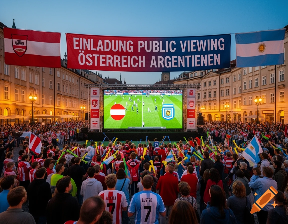 A large crowd watches a soccer match on a giant screen in a city square at dusk, with national flags and banners.