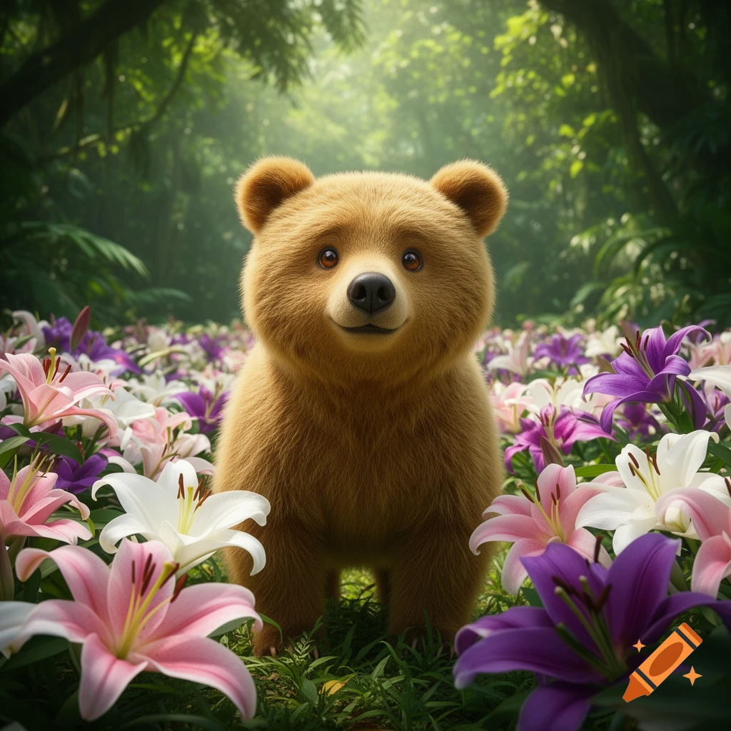 A fluffy brown bear cub with big eyes stands in a field of colorful lilies within a lush forest.