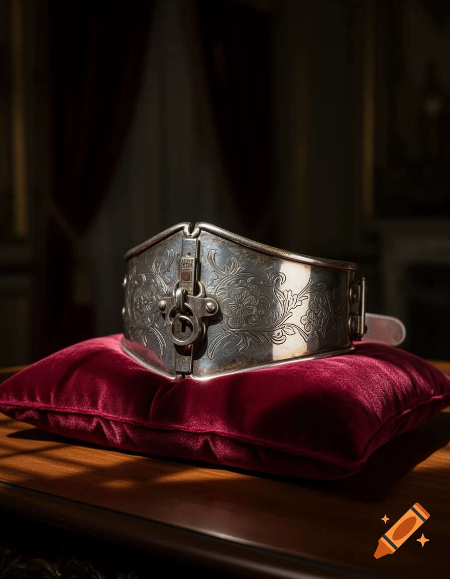 A detailed, silver ornate chastity belt rests on a red velvet pillow on a dark wooden table.