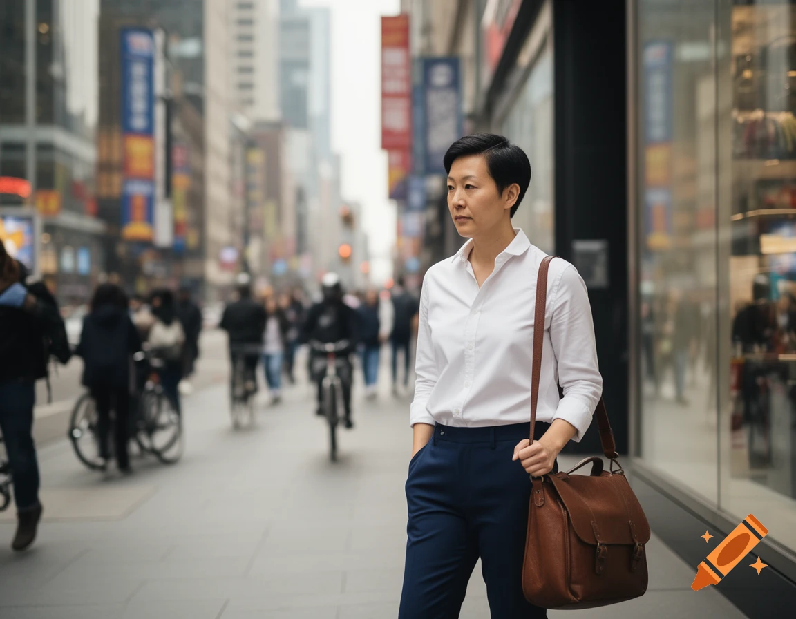 An Asian woman with short dark hair, wearing a white shirt, blue pants, and carrying a brown leather bag, walks on a busy city street.
