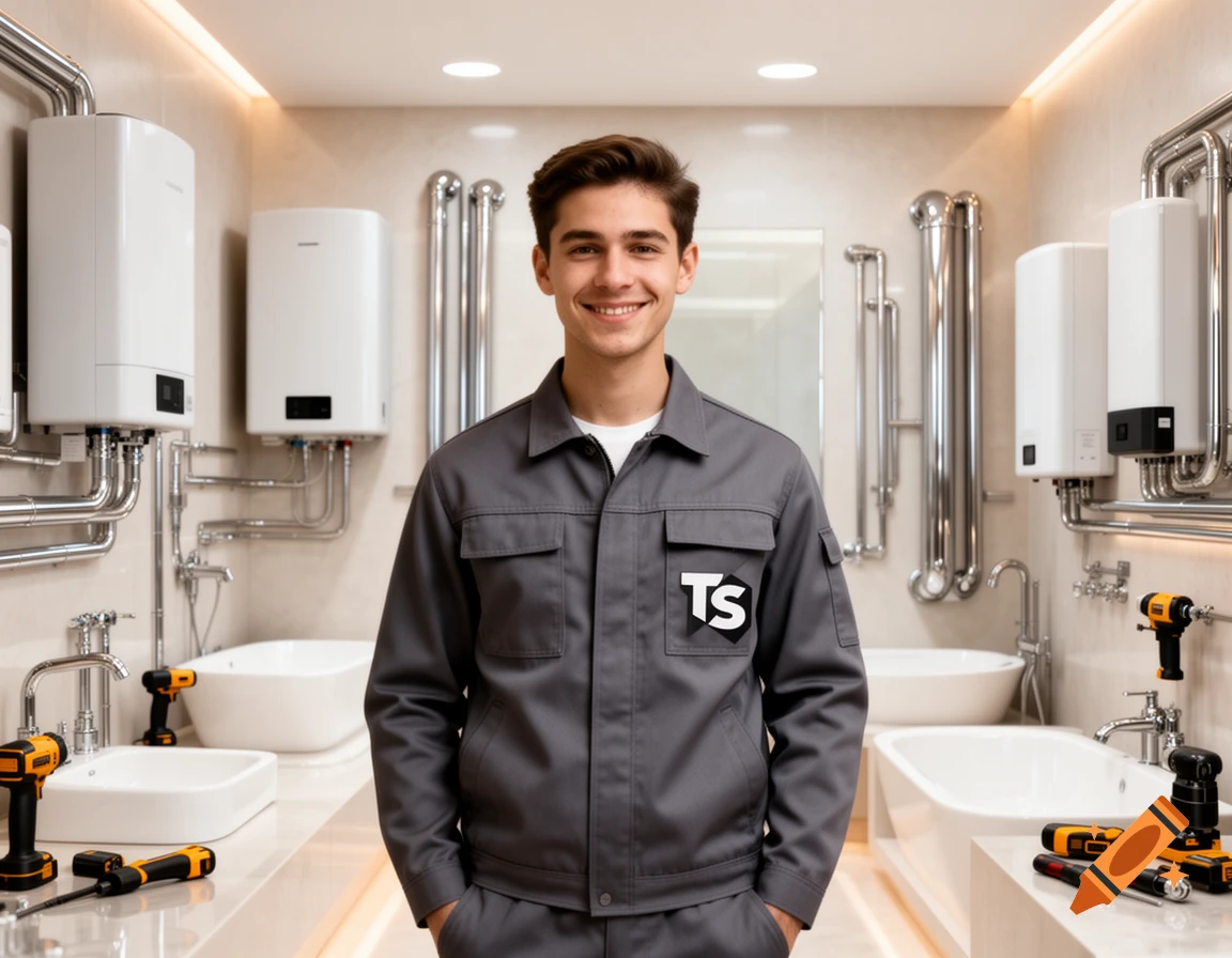 Smiling male HVAC technician in uniform with 'TS' logo, standing in a modern bathroom showroom with heat pumps and tools.