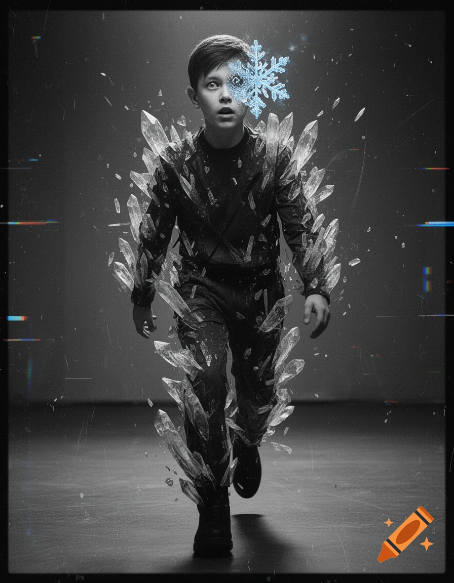 A boy walks forward, his body transforming into sharp ice crystals with one eye replaced by a large snowflake, in a high-contrast black and white, glitched image.