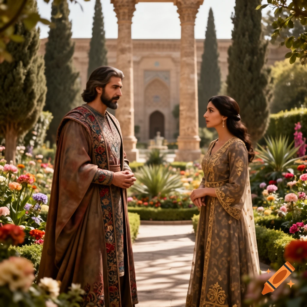 A man and a woman in ornate traditional attire converse in a vibrant garden with a grand palace in the background, photorealistic.
