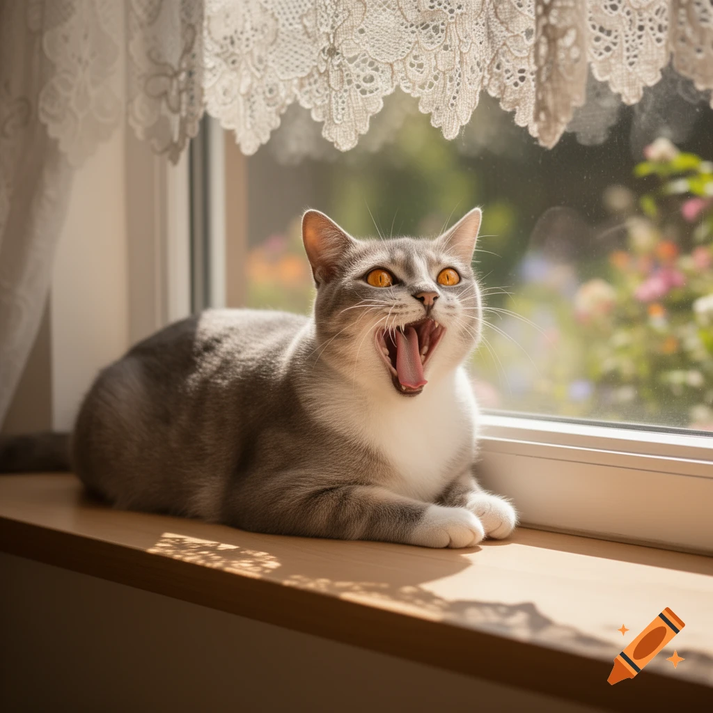 A gray and white cat with orange eyes yawns widely while lying on a sunny wooden windowsill, with lace curtains above and a garden outside.