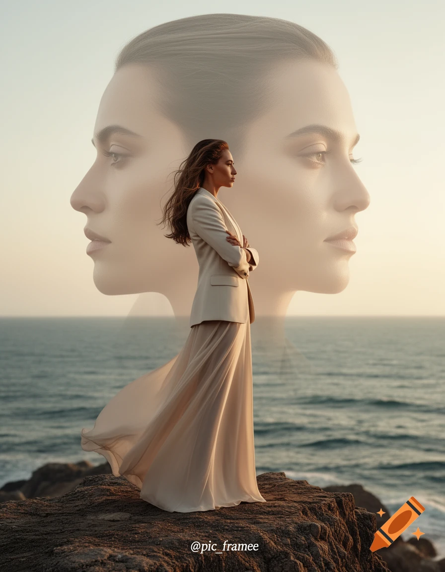 Photorealistic fine art double exposure portrait of a woman standing on a rocky cliff overlooking the ocean at sunset.